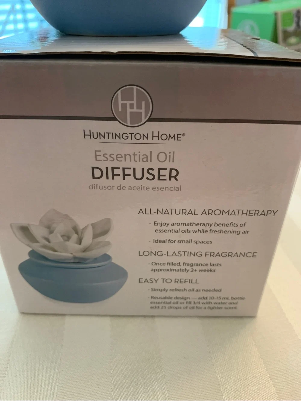 Huntington Home Blue Ceramic  Home Lotus Diffuser with White Flower Top